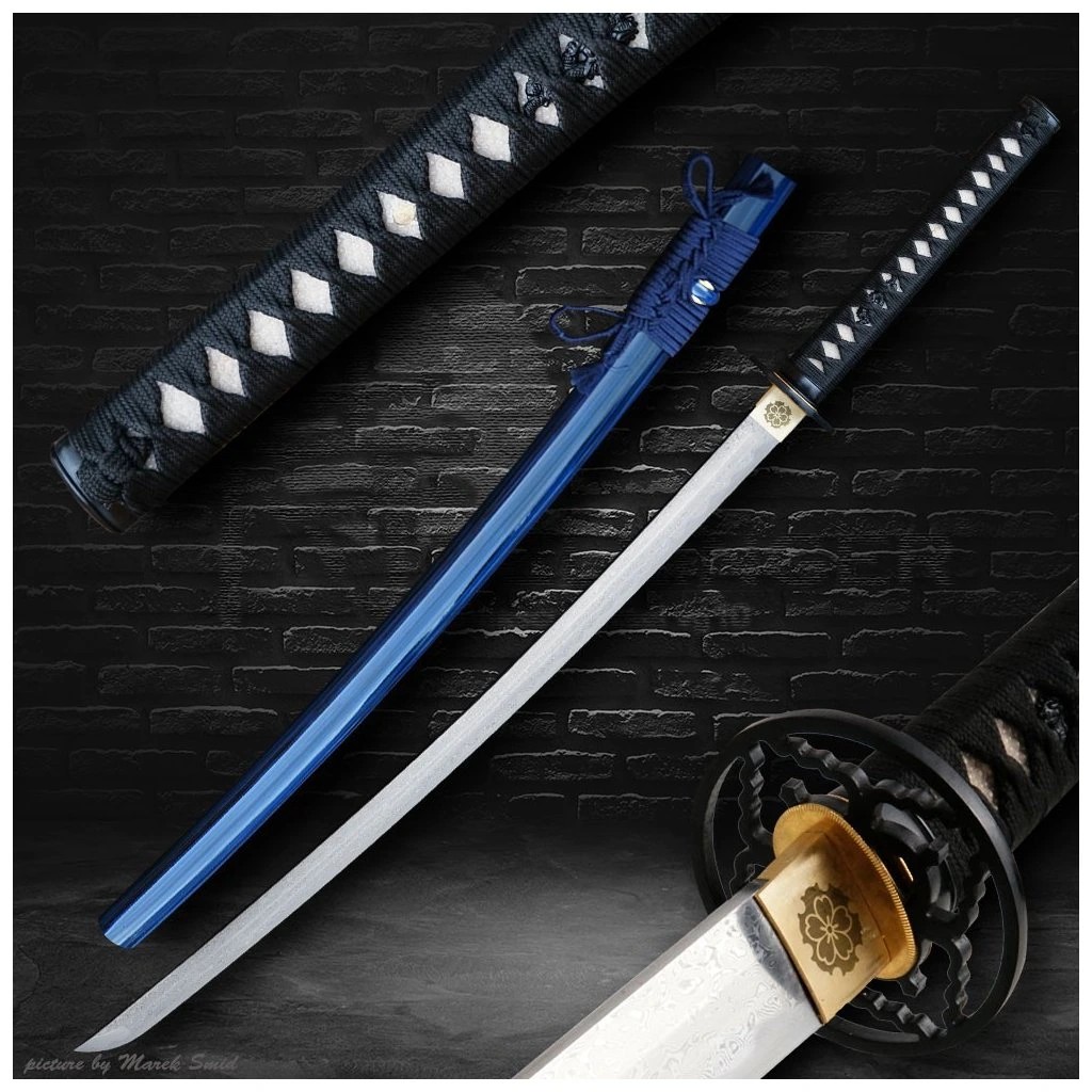 foto Kawashima Katana Hanazuke z p�ekl�dan� oceli AISI 1075, tmav� modr� saya